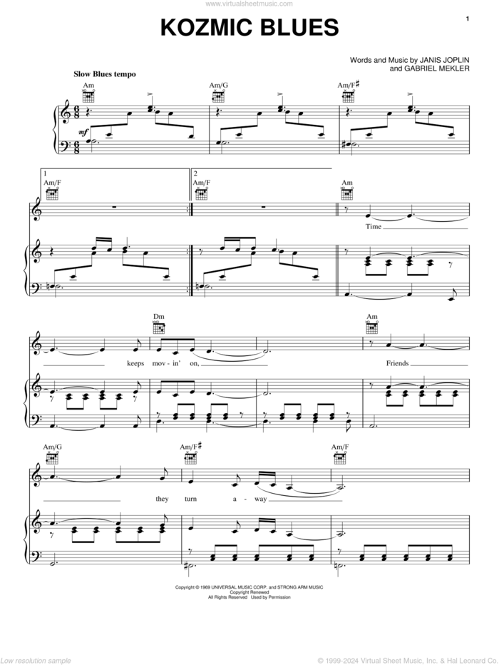 Kozmic Blues (from the musical A Night With Janis Joplin) sheet music for voice, piano or guitar by Janis Joplin and Gabriel Mekler, intermediate skill level
