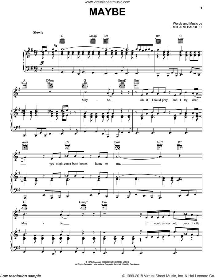 Maybe (from the musical A Night With Janis Joplin) sheet music for voice, piano or guitar by Janis Joplin and Richard Barrett, intermediate skill level