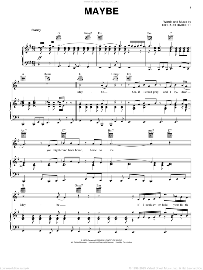 Maybe (from the musical A Night With Janis Joplin) sheet music for voice, piano or guitar by Janis Joplin and Richard Barrett, intermediate skill level