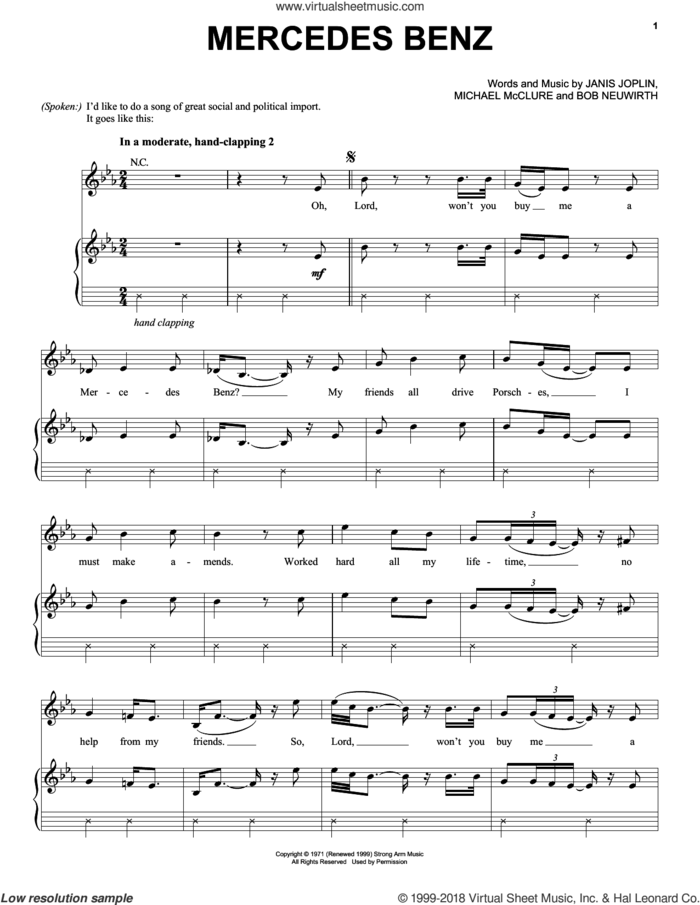 Mercedes Benz (from the musical A Night With Janis Joplin) sheet music for voice, piano or guitar by Janis Joplin, Bob Neuwirth and Michael McClure, intermediate skill level