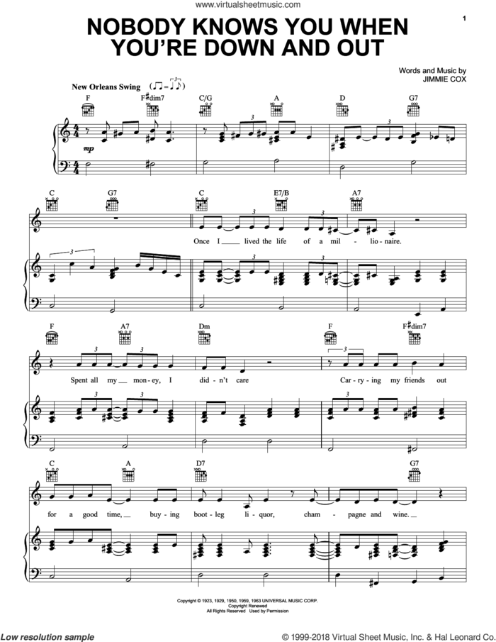 Nobody Knows You When You're Down And Out (from the musical A Night With Janis Joplin) sheet music for voice, piano or guitar by Janis Joplin, Eric Clapton and Jimmie Cox, intermediate skill level