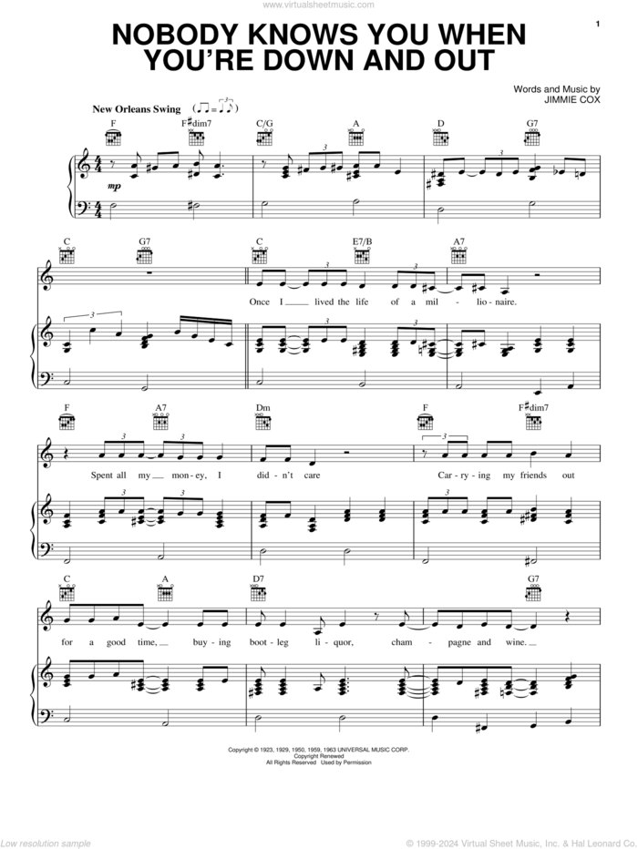 Nobody Knows You When You're Down And Out (from the musical A Night With Janis Joplin) sheet music for voice, piano or guitar by Janis Joplin, Eric Clapton and Jimmie Cox, intermediate skill level
