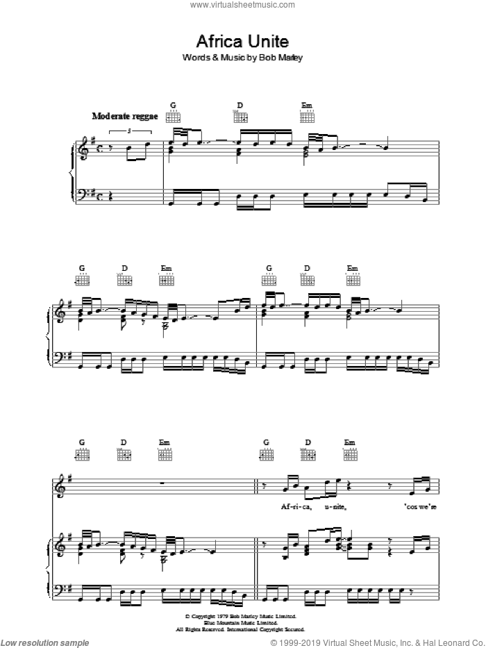 Africa Unite sheet music for voice, piano or guitar by Bob Marley, intermediate skill level