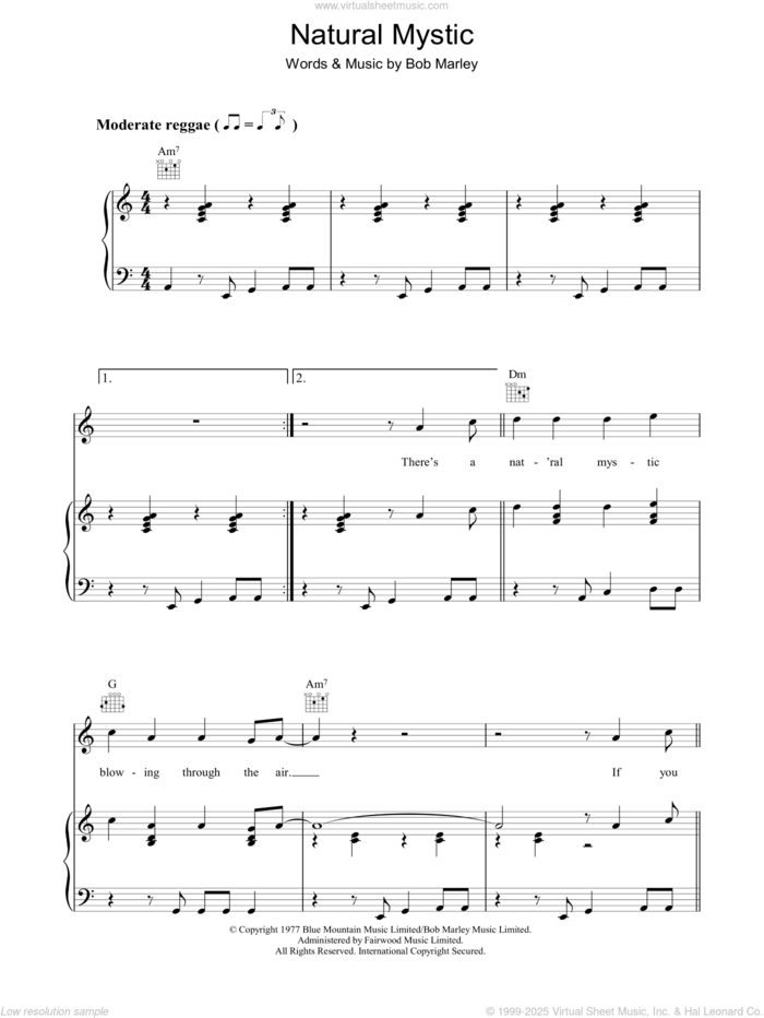 Natural Mystic sheet music for voice, piano or guitar by Bob Marley, intermediate skill level