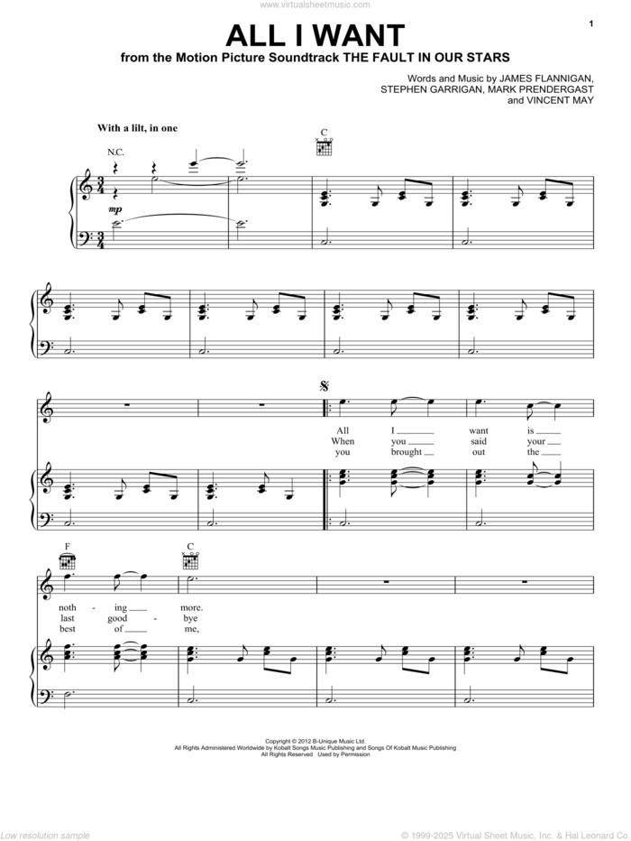 All I Want sheet music for voice, piano or guitar by Kodaline, James Flannigan, Mark Prendergast, Stephen Garrigan and Vincent May, intermediate skill level