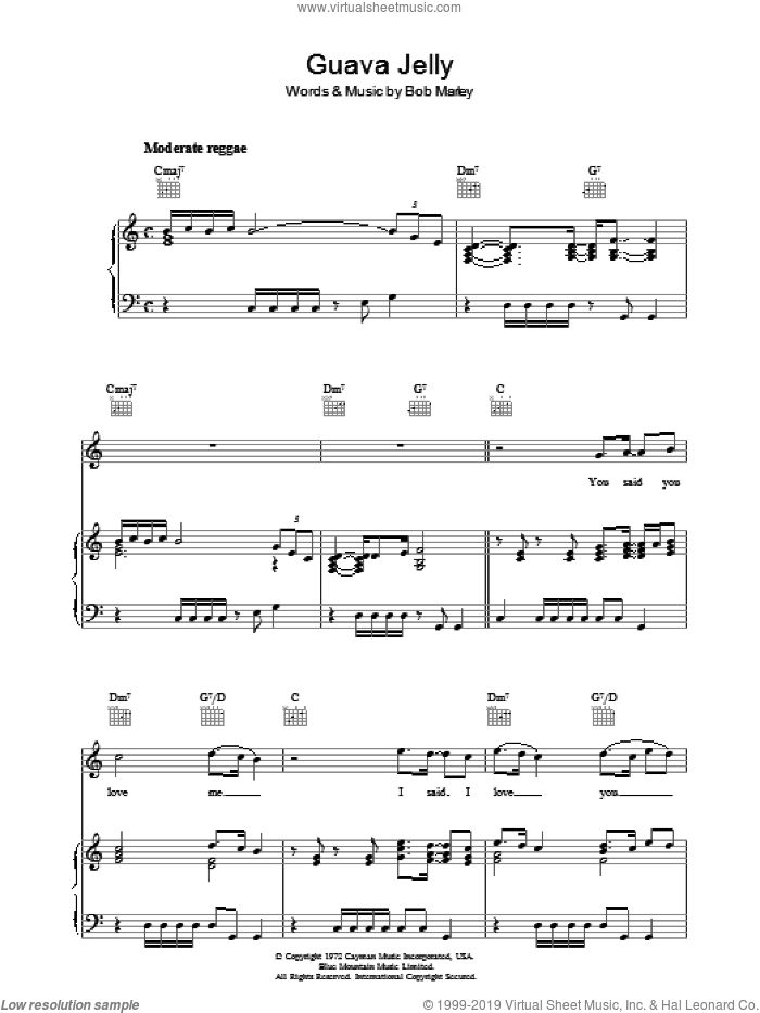 Guava Jelly sheet music for voice, piano or guitar by Bob Marley, intermediate skill level