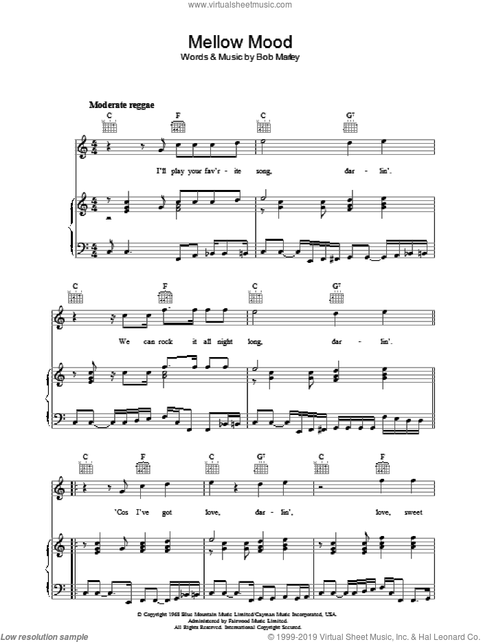 Mellow Mood sheet music for voice, piano or guitar by Bob Marley, intermediate skill level