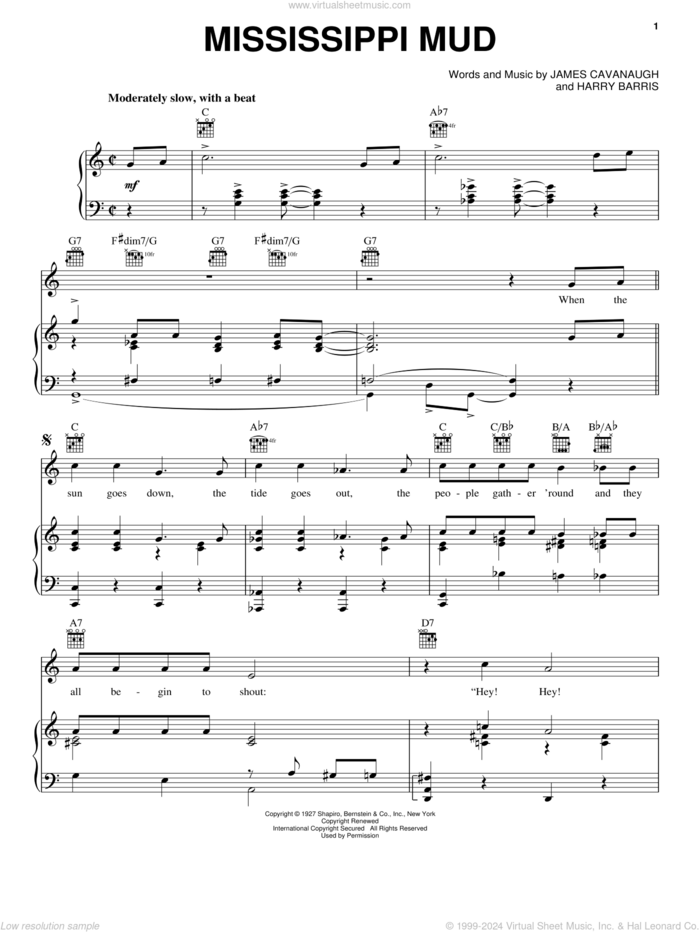 Mississippi Mud sheet music for voice, piano or guitar by James Cavanaugh and Harry Barris, intermediate skill level