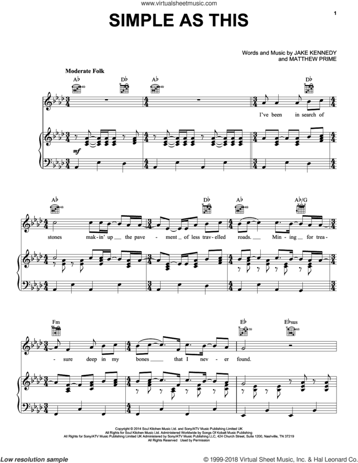 Simple As This sheet music for voice, piano or guitar by Jake Bugg, Jake Kennedy and Matthew Prime, intermediate skill level