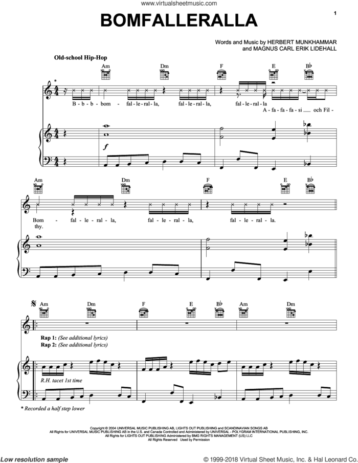 Bomfalleralla sheet music for voice, piano or guitar by Afasi & Filthy, Herbert Munkhammar and Magnus Carl Erik Lidehall, intermediate skill level