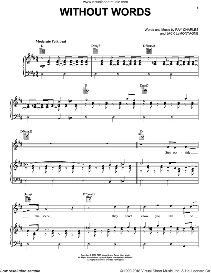Without Words sheet music for voice, piano or guitar by Ray LaMontagne and Ray Charles Jack LaMontagne, intermediate skill level