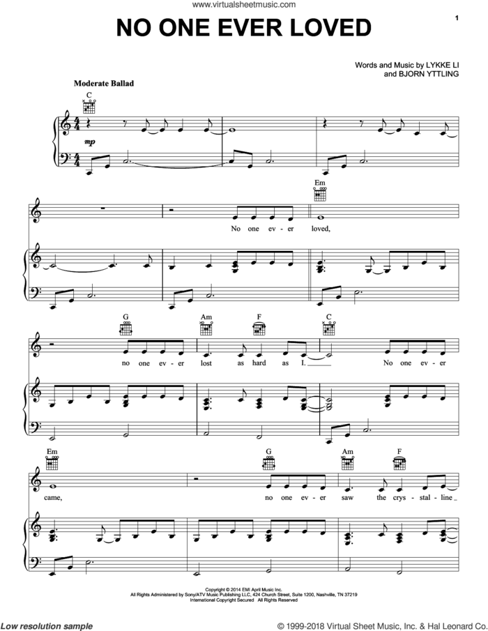 No One Ever Loved sheet music for voice, piano or guitar by Lykke Li and Bjorn Yttling, intermediate skill level