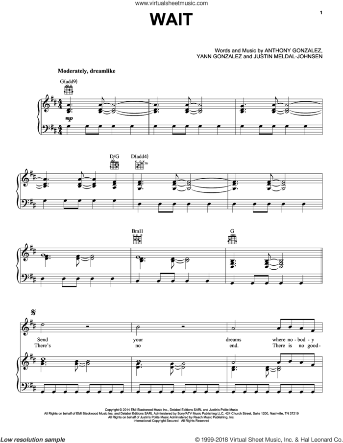Wait sheet music for voice, piano or guitar by M83, Anthony Gonzalez, Justin Meldal-Johnsen and Yann Gonzalez, intermediate skill level