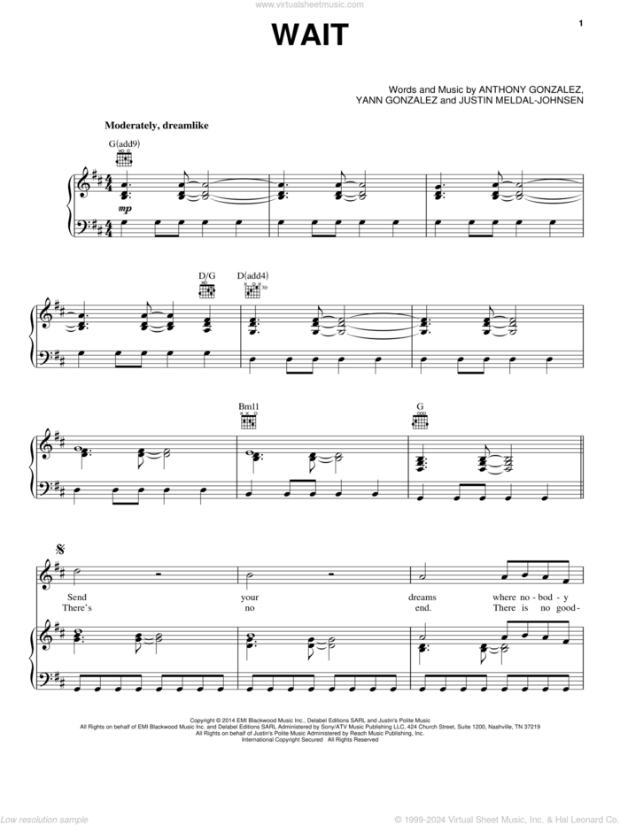 Wait sheet music for voice, piano or guitar by M83, Anthony Gonzalez, Justin Meldal-Johnsen and Yann Gonzalez, intermediate skill level