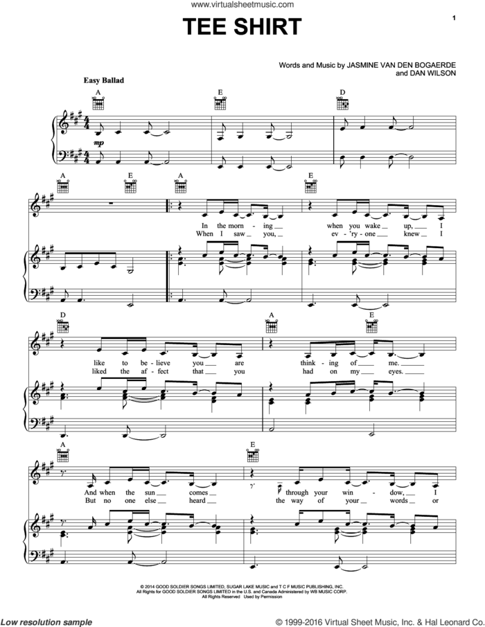 Tee Shirt sheet music for voice, piano or guitar by Birdy, Dan Wilson and Jasmine Van Den Bogaerde, intermediate skill level