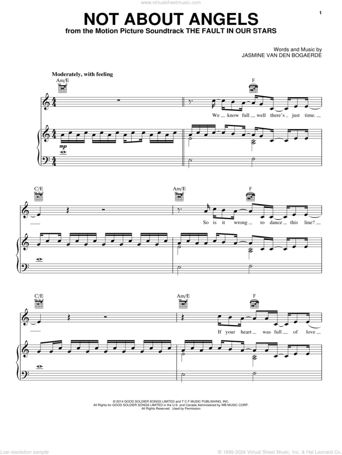 Not About Angels sheet music for voice, piano or guitar by Birdy and Jasmine Van Den Bogaerde, intermediate skill level