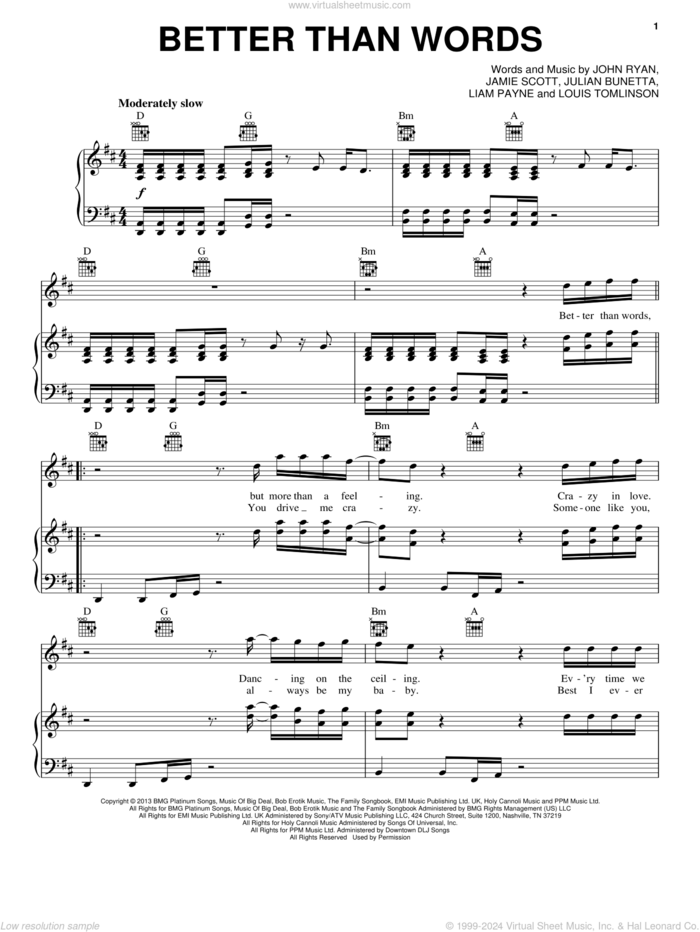 Better Than Words sheet music for voice, piano or guitar by One Direction, Jamie Scott, John Ryan, Julian Bunetta, Liam Payne and Louis Tomlinson, intermediate skill level