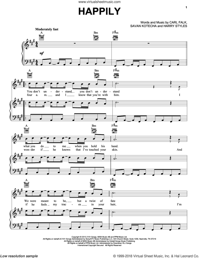 Happily sheet music for voice, piano or guitar by One Direction, Carl Falk, Harry Styles and Savan Kotecha, intermediate skill level