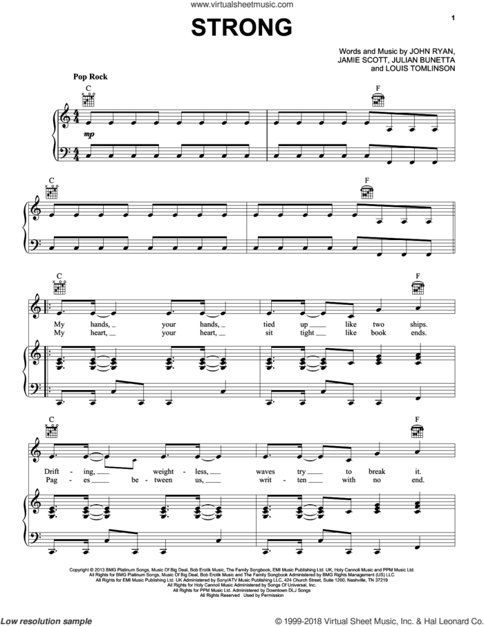 Strong sheet music for voice, piano or guitar by One Direction, Jamie Scott, John Ryan, Julian Bunetta and Louis Tomlinson, intermediate skill level