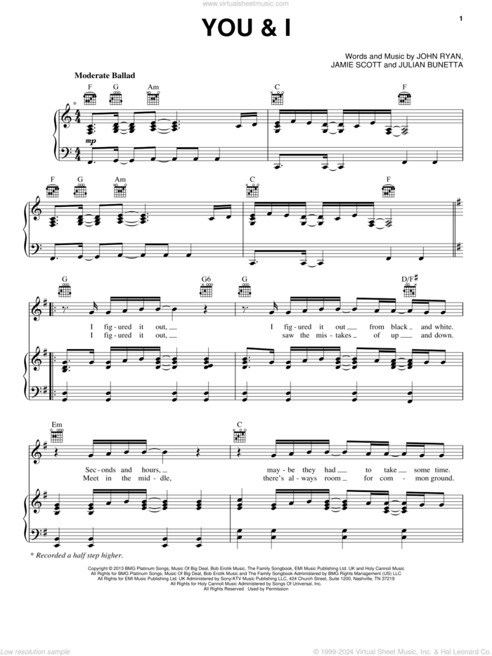 You and I sheet music for voice, piano or guitar by One Direction, Jamie Scott, John Ryan and Julian Bunetta, intermediate skill level