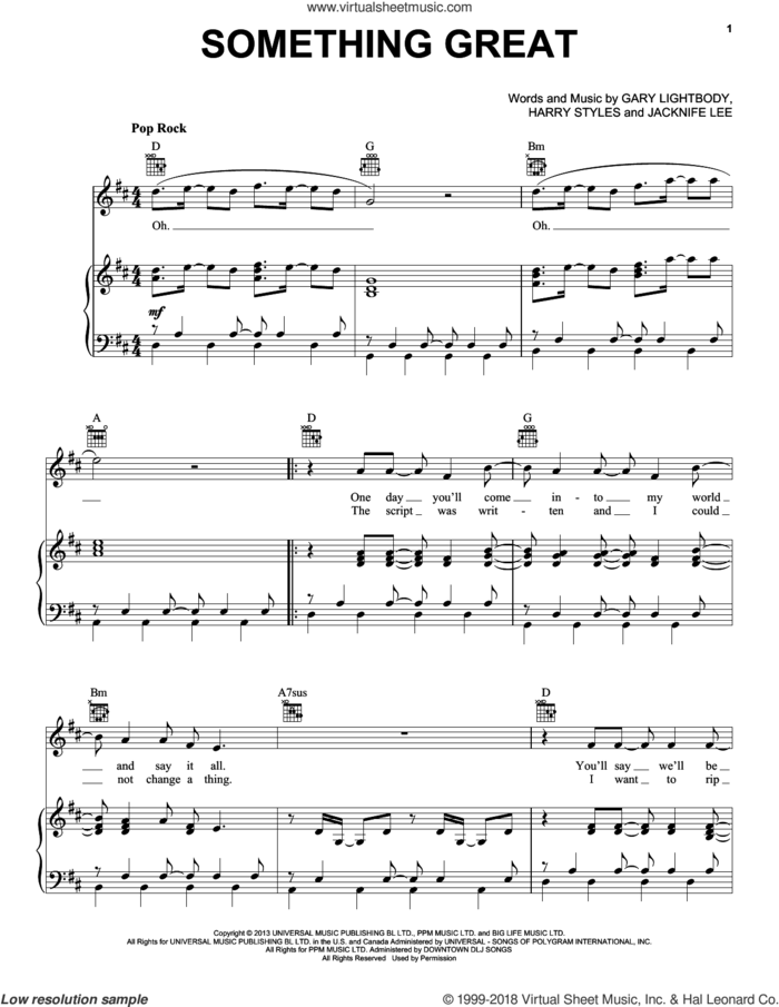 Something Great sheet music for voice, piano or guitar by One Direction, Gary Lightbody, Harry Styles and Jacknife Lee, intermediate skill level