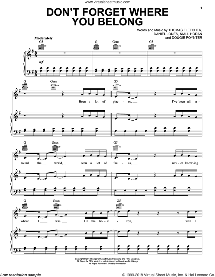 Don't Forget Where You Belong sheet music for voice, piano or guitar by One Direction, Danny Jones, Dougie Poynter, Niall Horan and Thomas Fletcher, intermediate skill level