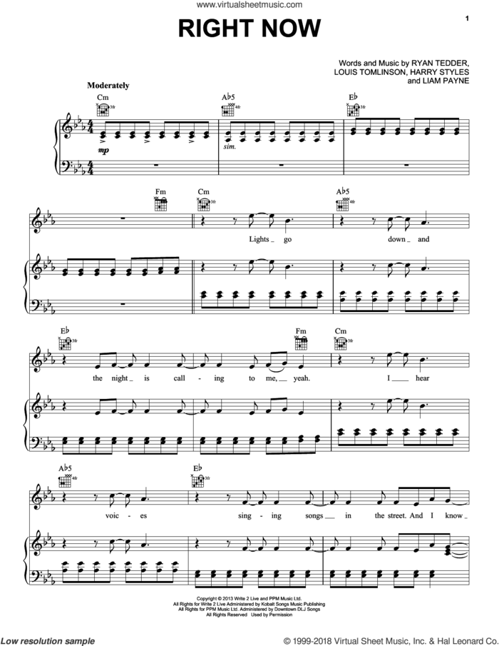 Right Now sheet music for voice, piano or guitar by One Direction, Harry Styles, Liam Payne, Louis Tomlinson and Ryan Tedder, intermediate skill level