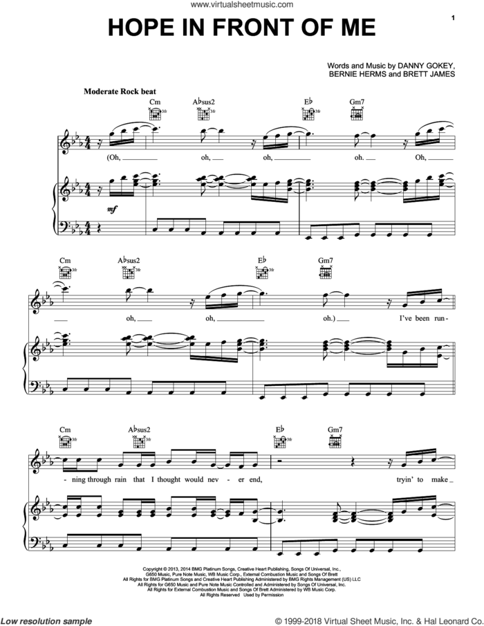 Hope In Front Of Me sheet music for voice, piano or guitar by Danny Gokey, Bernie Herms and Brett James, intermediate skill level