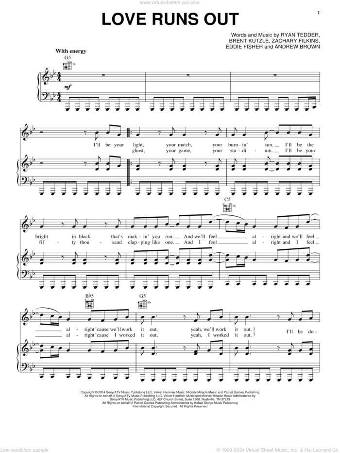 Love Runs Out sheet music for voice, piano or guitar by Andrew Brown, OneRepublic, Brent Kutzle, Eddie Fisher, Ryan Tedder and Zack Filkins, intermediate skill level