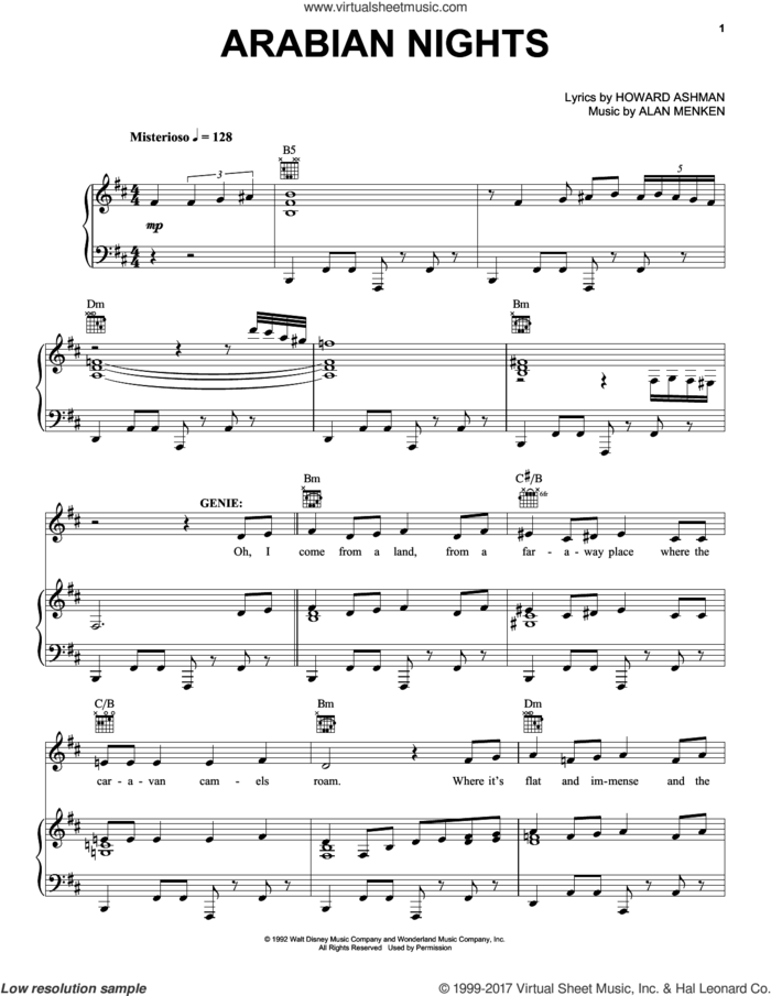 Arabian Nights (from Aladdin: The Broadway Musical) sheet music for voice, piano or guitar by Alan Menken and Howard Ashman, intermediate skill level