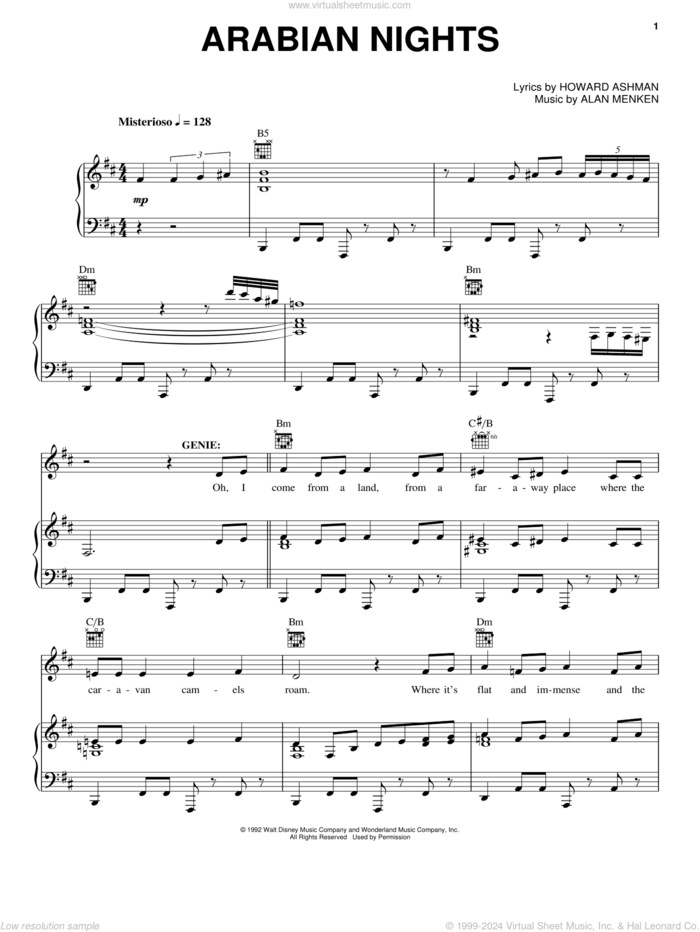 Arabian Nights (from Aladdin: The Broadway Musical) sheet music for voice, piano or guitar by Alan Menken and Howard Ashman, intermediate skill level