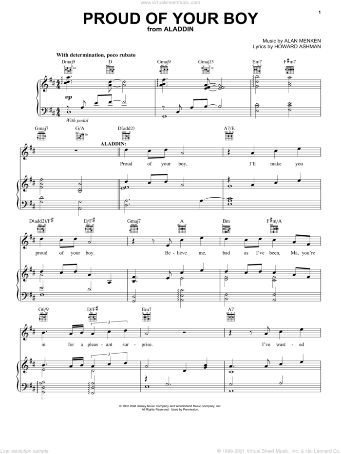 Proud Of Your Boy (from Aladdin: The Broadway Musical) sheet music for voice, piano or guitar by Alan Menken and Howard Ashman, intermediate skill level