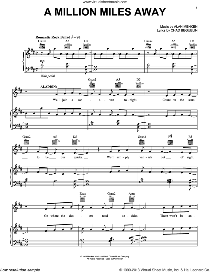 A Million Miles Away (from Aladdin: The Broadway Musical) sheet music for voice, piano or guitar by Alan Menken and Chad Beguelin, intermediate skill level