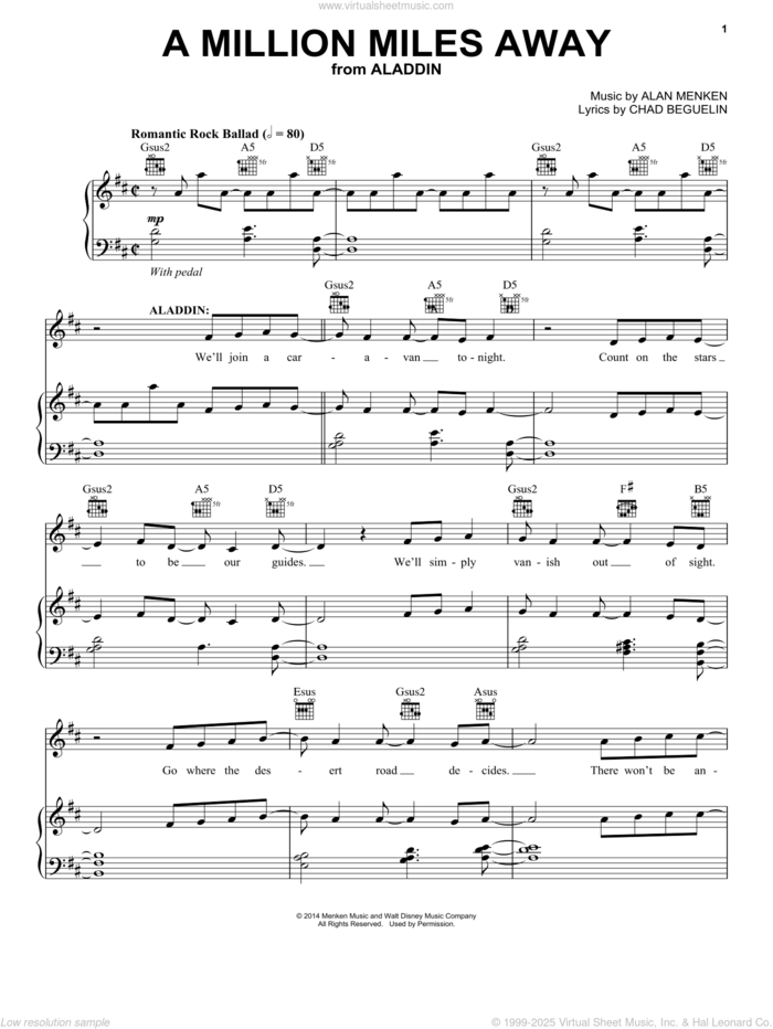 A Million Miles Away (from Aladdin: The Broadway Musical) sheet music for voice, piano or guitar by Alan Menken and Chad Beguelin, intermediate skill level