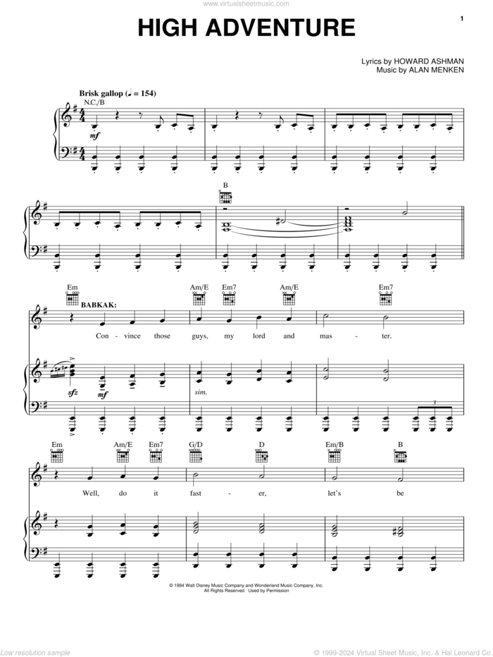 High Adventure (from Aladdin: The Broadway Musical) sheet music for voice, piano or guitar by Alan Menken and Howard Ashman, intermediate skill level