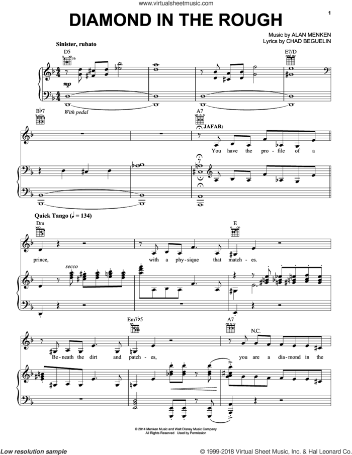 Diamond In The Rough (from Aladdin: The Broadway Musical) sheet music for voice, piano or guitar by Alan Menken and Chad Beguelin, intermediate skill level