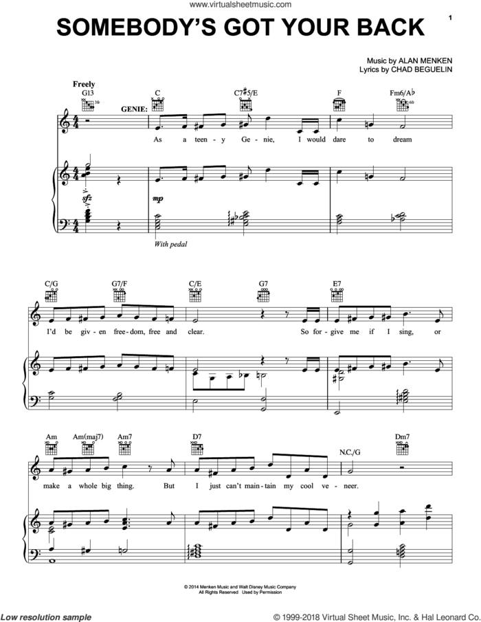 Somebody's Got Your Back (from Aladdin: The Broadway Musical) sheet music for voice, piano or guitar by Alan Menken and Chad Beguelin, intermediate skill level