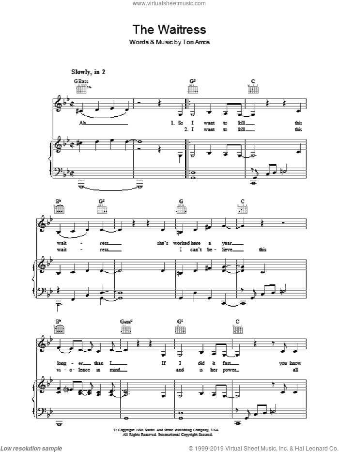 The Waitress sheet music for voice, piano or guitar by Tori Amos, intermediate skill level
