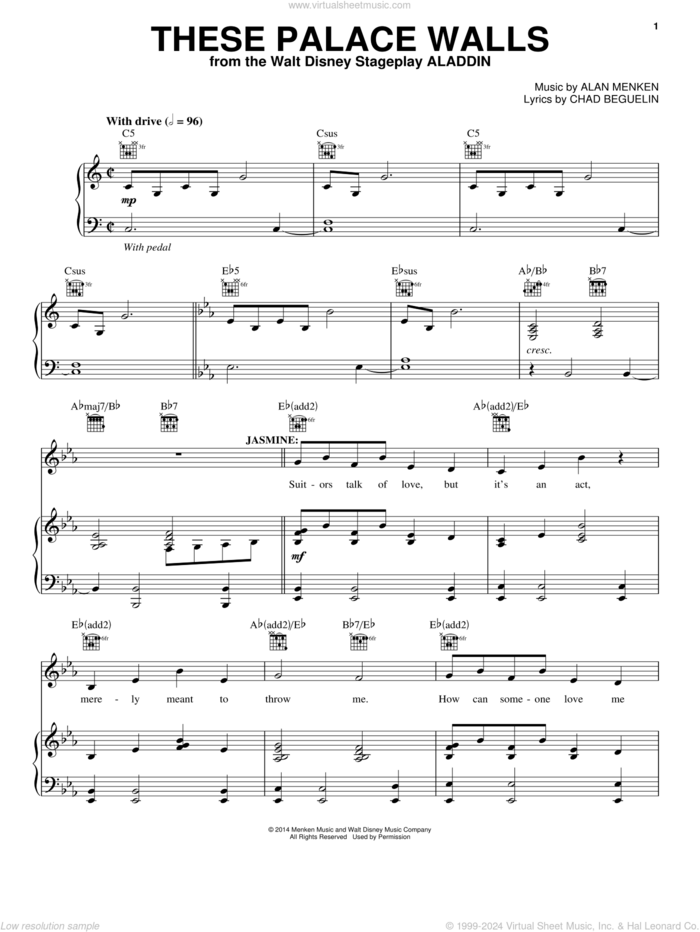 These Palace Walls (from Aladdin: The Broadway Musical) sheet music for voice, piano or guitar by Alan Menken and Chad Beguelin, intermediate skill level