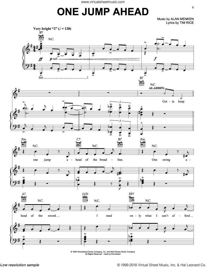 One Jump Ahead (from Aladdin: The Broadway Musical) sheet music for voice, piano or guitar by Alan Menken and Tim Rice, intermediate skill level