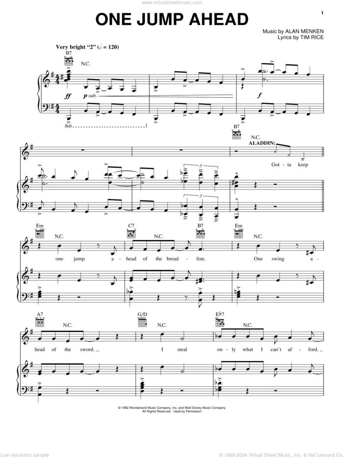 One Jump Ahead (from Aladdin: The Broadway Musical) sheet music for voice, piano or guitar by Alan Menken and Tim Rice, intermediate skill level