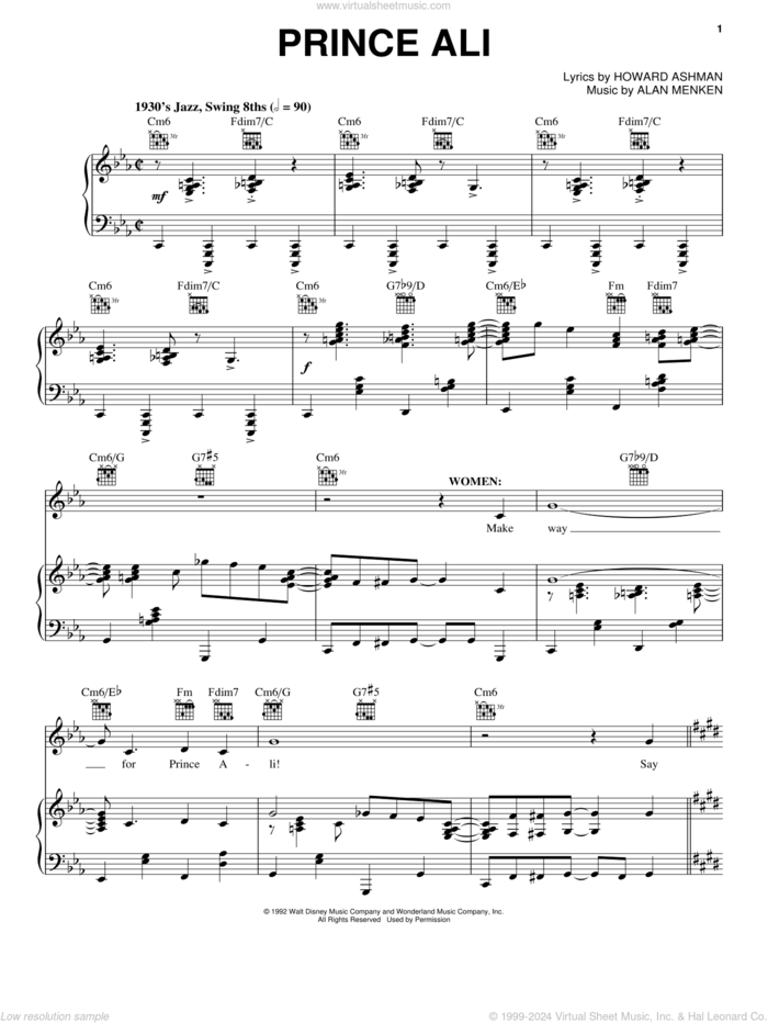 Prince Ali (from Aladdin: The Broadway Musical) sheet music for voice, piano or guitar by Alan Menken and Howard Ashman, intermediate skill level