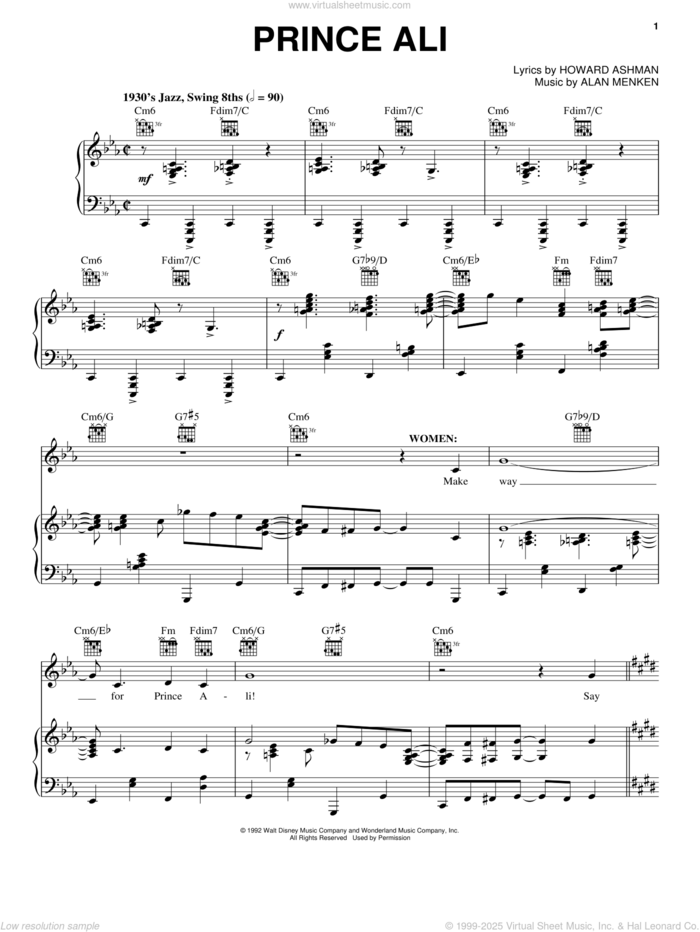 Prince Ali (from Aladdin: The Broadway Musical) sheet music for voice, piano or guitar by Alan Menken and Howard Ashman, intermediate skill level