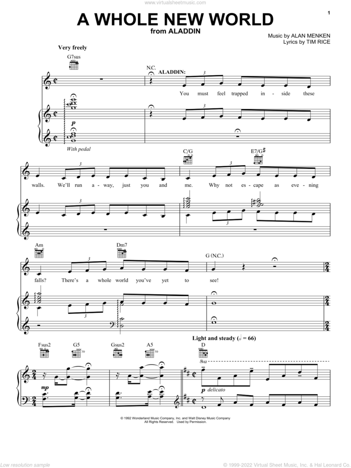 A Whole New World (from Aladdin: The Broadway Musical) sheet music for voice, piano or guitar by Alan Menken, Alan Menken & Tim Rice and Tim Rice, wedding score, intermediate skill level