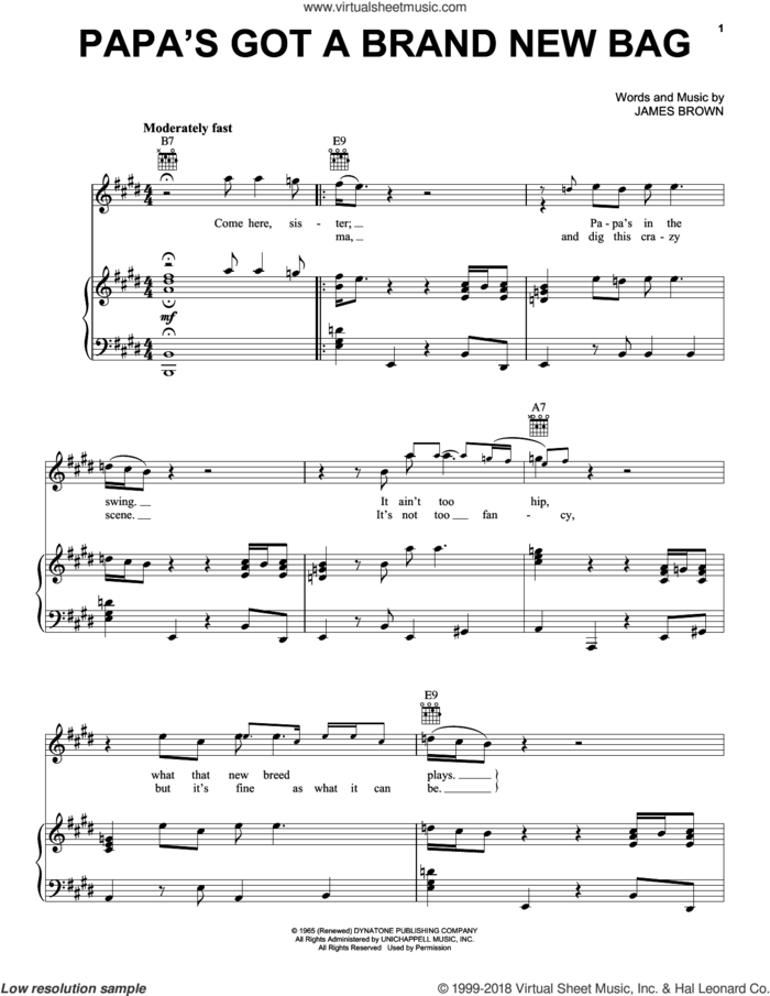 Papa's Got A Brand New Bag sheet music for voice, piano or guitar by James Brown and Otis Redding, intermediate skill level