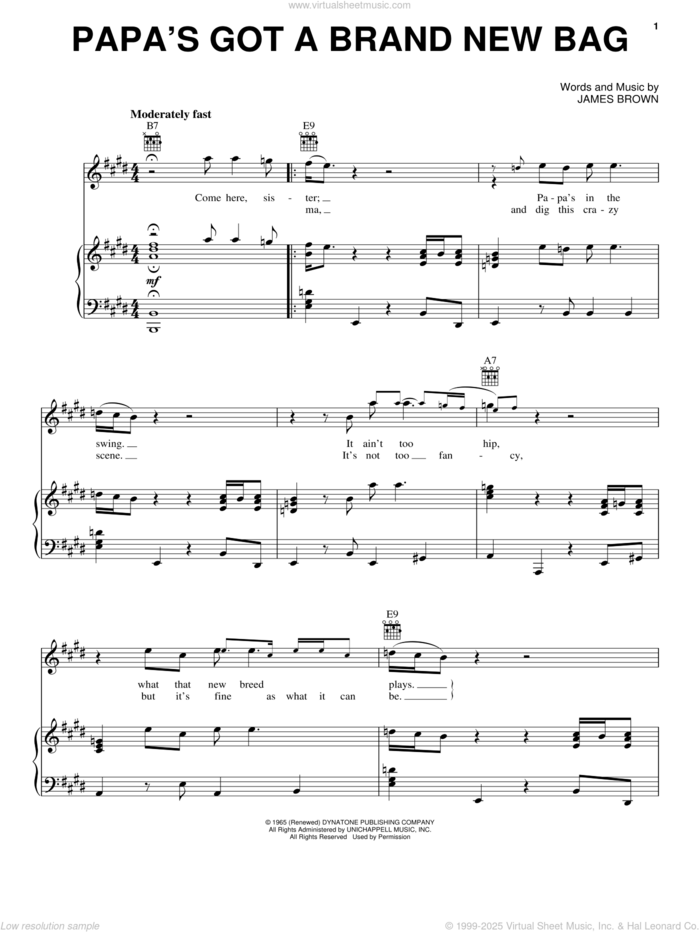 Papa's Got A Brand New Bag sheet music for voice, piano or guitar by James Brown and Otis Redding, intermediate skill level