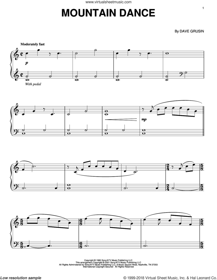 Mountain Dance (arr. Larry Moore) sheet music for piano solo by Dave Grusin, intermediate skill level
