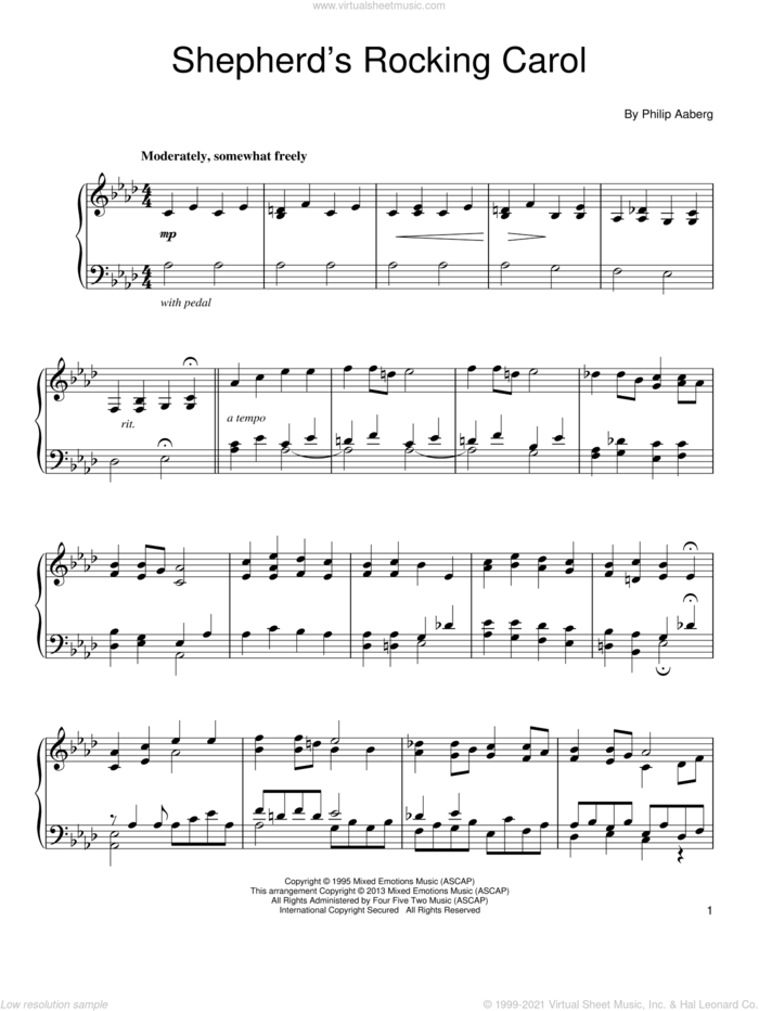 Shepherd's Rocking Carol sheet music for piano solo by Philip Aaberg, intermediate skill level