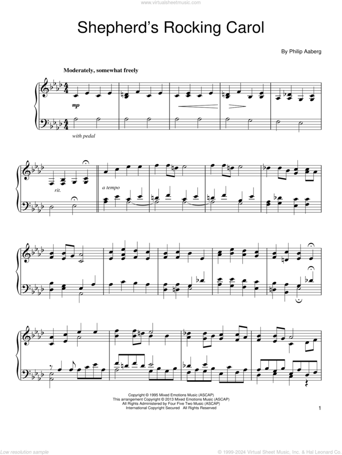 Shepherd's Rocking Carol sheet music for piano solo by Philip Aaberg, intermediate skill level