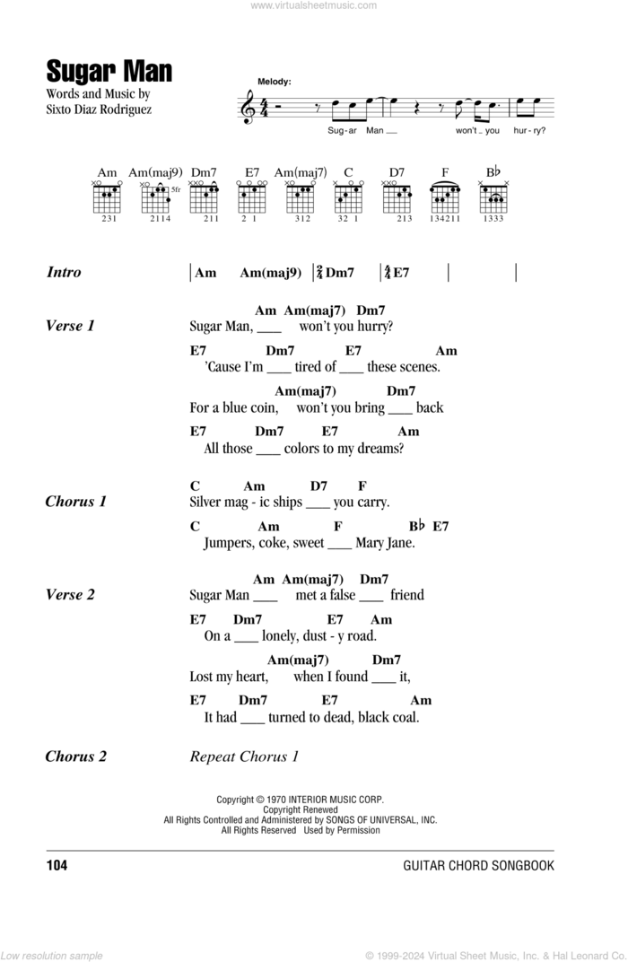 Sugar Man sheet music for guitar (chords) by Rodriguez and Sixto Diaz Rodriguez, intermediate skill level